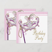 Invitation Soirée de bal masqué Rose et Perle d'Or (Devant / Derrière)