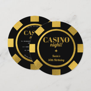 Invitation Soirée de Casino Jetons de Poker Noir Or 50e Anniv