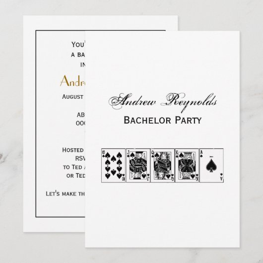 Invitation Soirée de Casino Poker Quinte Flush Royale Piques (Devant / Derrière)