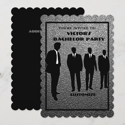 Invitation Soirée de célibataire chic noir et argent (Devant / Derrière)