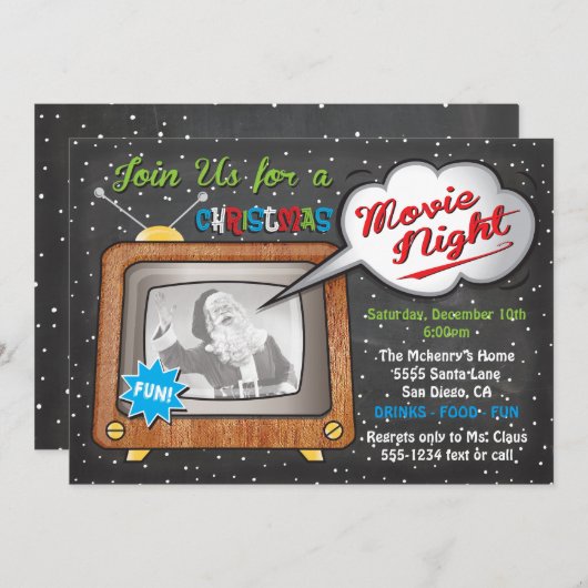 Invitation Soirée de cinéma de Noël Retro TV Party (Devant / Derrière)