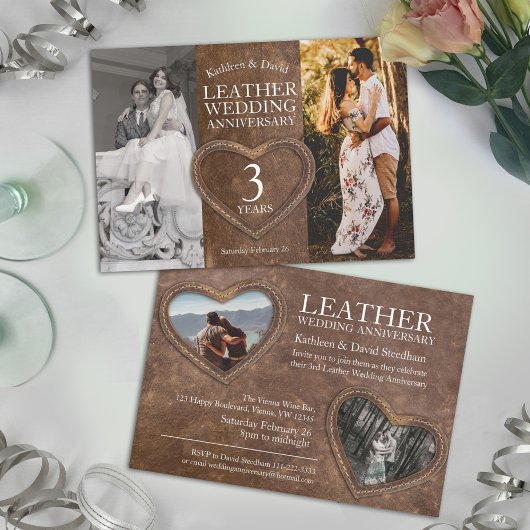 Invitation Soirée de coeur 3e anniversaire mariage en cuir
