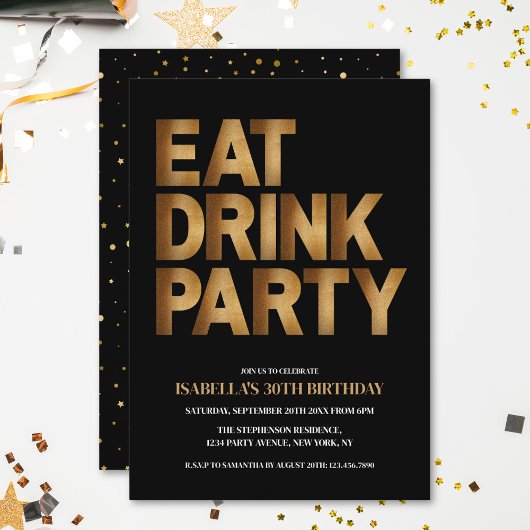 Invitation Soirée de consommation moderne Black & Gold Annive
