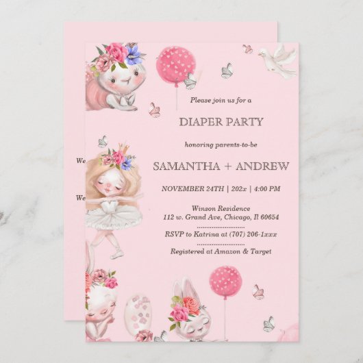 Invitation Soirée de couche à thème lapin rose (Devant / Derrière)