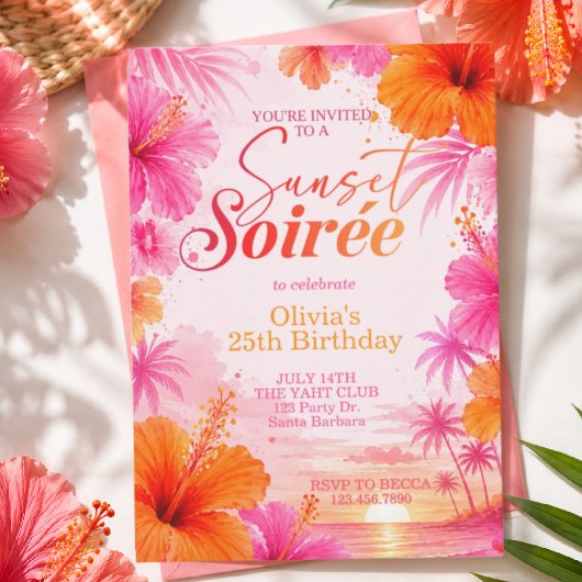 Invitation Soirée de coucher de soleil Anniversaire tropical,