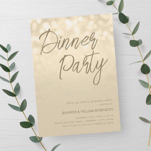 Invitation Soirée de dîner de Champagne doré Script Lumières 