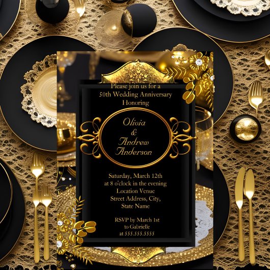 Invitation Soirée de dîner Gold Black Diamond 50e anniversair