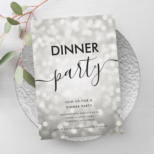 Invitation Soirée de dîner lumières paillettes argentées mode