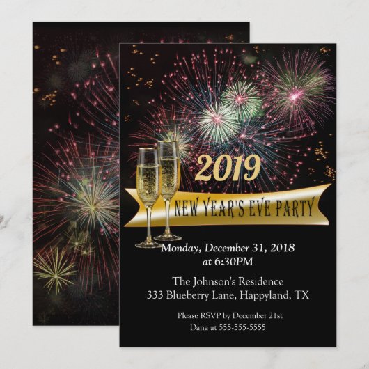 Invitation Soirée de feu d'artifice du Nouvel An (Devant / Derrière)