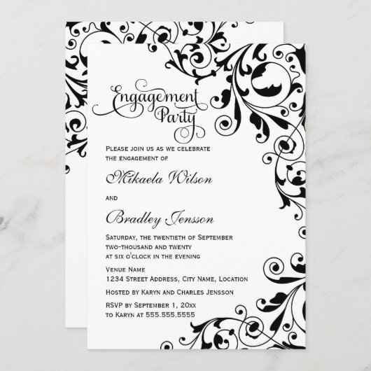 Invitation Soirée de fiançailles noir et blanc (Devant / Derrière)