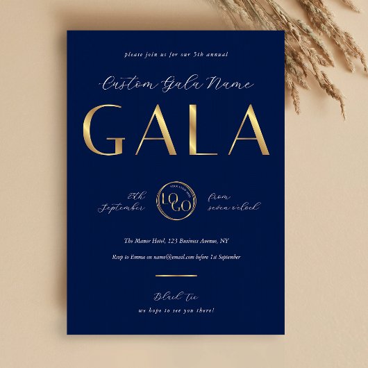 Invitation Soirée de gala Navy & Gold Logo Collecte de fonds 