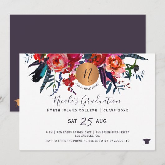 Invitation Soirée de graduation chic or floral moderne (Devant / Derrière)