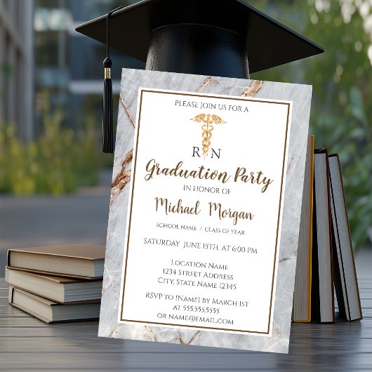 Invitation Soirée de graduation en marbre élégant Gold Nurse