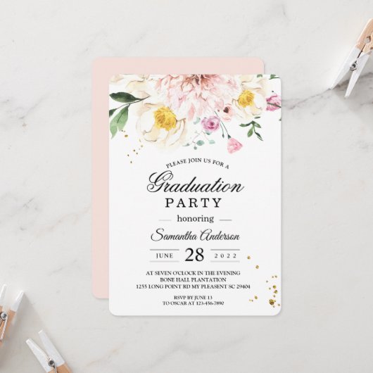 Invitation Soirée de graduation florale rose élégant (Devant/Arrière en situation)