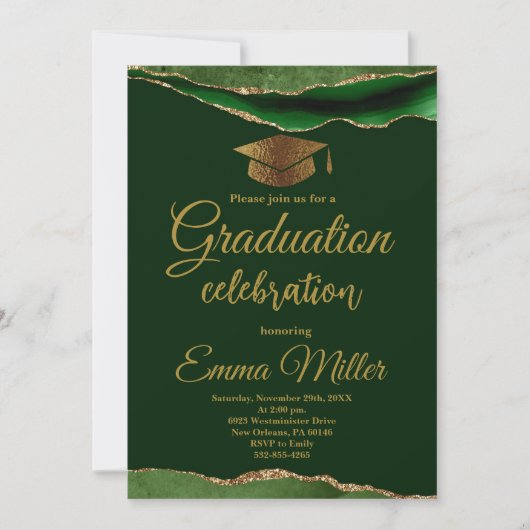 Invitation Soirée de graduation verte et d'or (Devant)