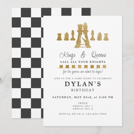 Invitation Soirée de jeu d'échecs Appel à vos chevaliers Or A (Devant / Derrière)