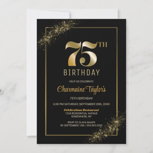Invitation Soirée de l'or noir élégant 75e anniversaire (Devant)