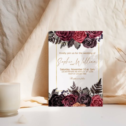 Invitation Soirée de mariage élégante aux roses noires et rou