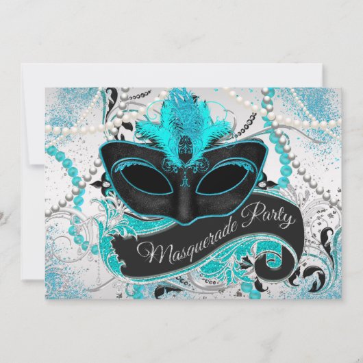Invitation Soirée de Mascarade Argent et Bleu Canard (Devant)