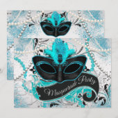 Invitation Soirée de Mascarade Argent et Bleu Canard (Devant / Derrière)