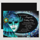 Invitation Soirée de Mascarade de Minuit Bleu Turquoise (Devant / Derrière)
