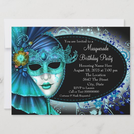 Invitation Soirée de Mascarade de Minuit Bleu Turquoise (Devant)
