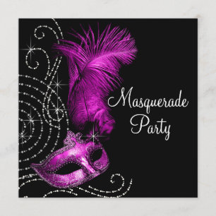 Invitation Soirée de Mascarade Élégante en Noir et Rose Chaud