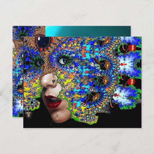 Invitation Soirée de Mascarade Éphémère de Mardi Gras, Bleu, (Devant / Derrière)