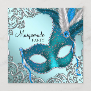 Invitation Soirée de Mascarade Masque Bleu Turquoise et Argen