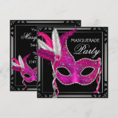 Invitation Soirée de Mascarade Rose Chaud Noir (Devant / Derrière)