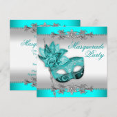 Invitation Soirée de Mascarade Turquoise Bleu Argenté (Devant / Derrière)