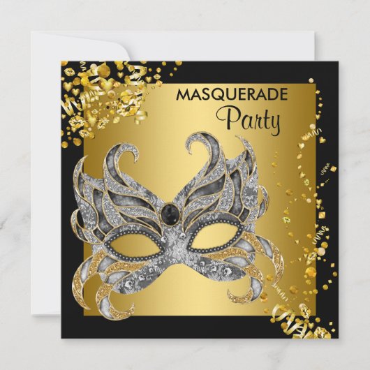 Invitation Soirée de Masque Élégante Argent et Or (Devant)