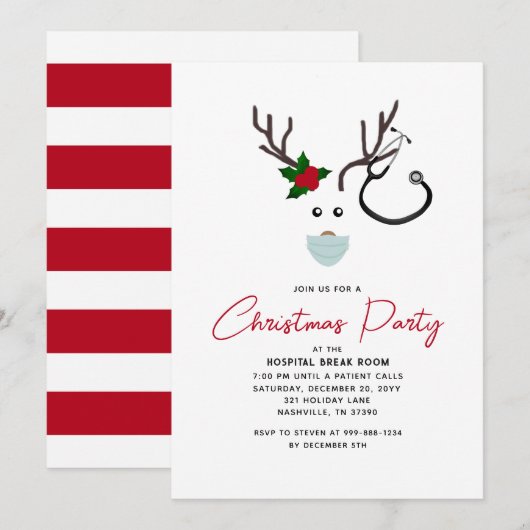 Invitation Soirée de Noël à l'Hôpital mignon Red Reindeer (Devant / Derrière)