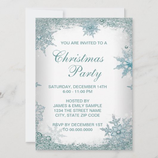 Invitation Soirée de Noël au flocon de neige bleu sarcelle él (Devant)