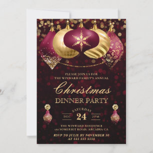 Invitation Soirée de Noël aux Baubles Bourguignon et Or