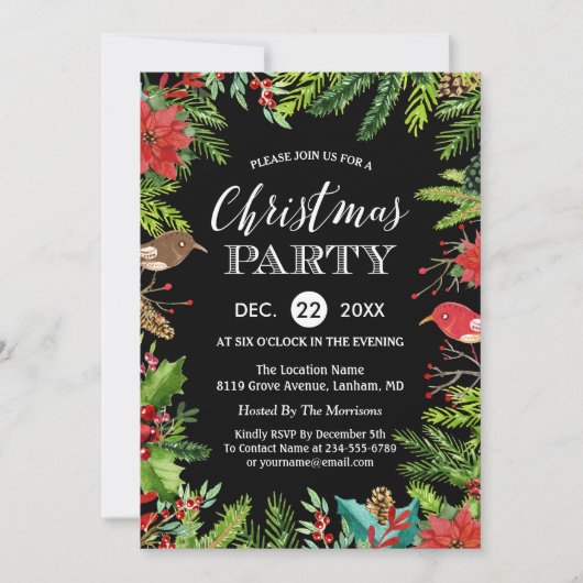 Invitation Soirée de Noël | Baies et pins rustiques (Devant)