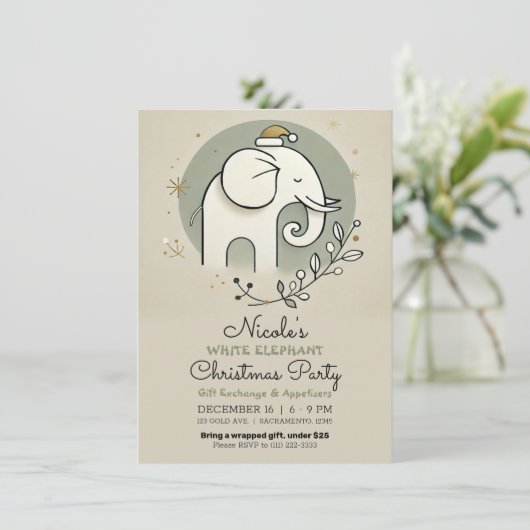 Invitation Soirée de Noël Beige Vert Or Blanc Eléphant (Debout devant)
