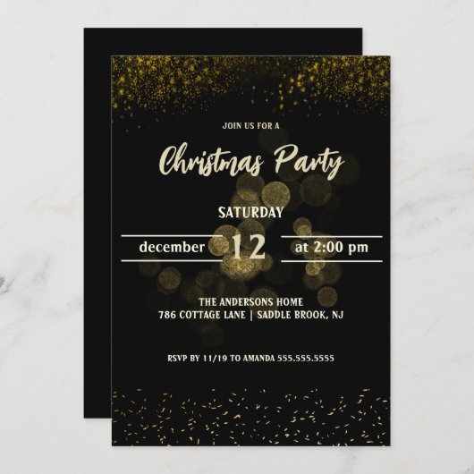 Invitation Soirée de Noël Black Gold (Devant / Derrière)