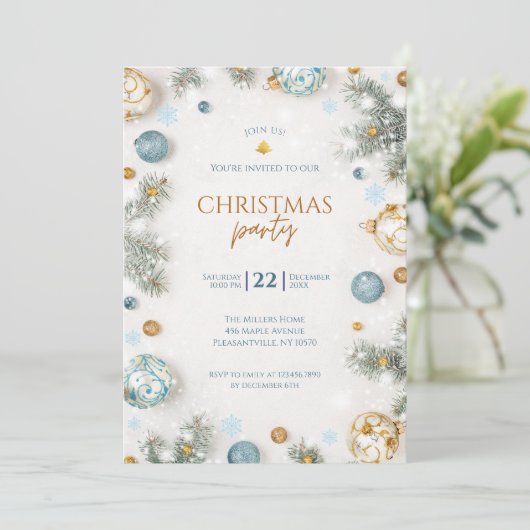 Invitation Soirée de Noël blanc et bleu (Debout devant)