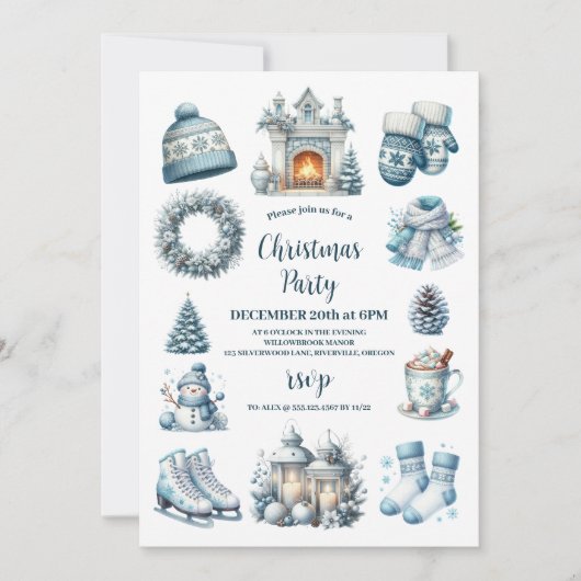 Invitation Soirée de Noël bleu rustique (Devant)