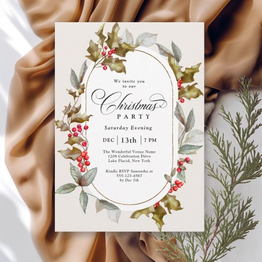 Invitation Soirée de Noël botanique Elegant Holly et Berry