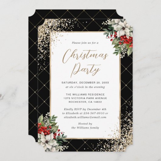 Invitation Soirée de Noël botanique en or noir (Devant / Derrière)