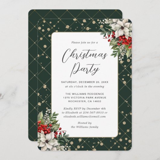 Invitation Soirée de Noël botanique en or vert élégant (Devant / Derrière)