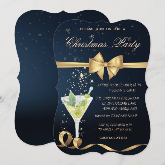 Invitation Soirée de Noël Champagne, Coupes Dorées (Devant / Derrière)