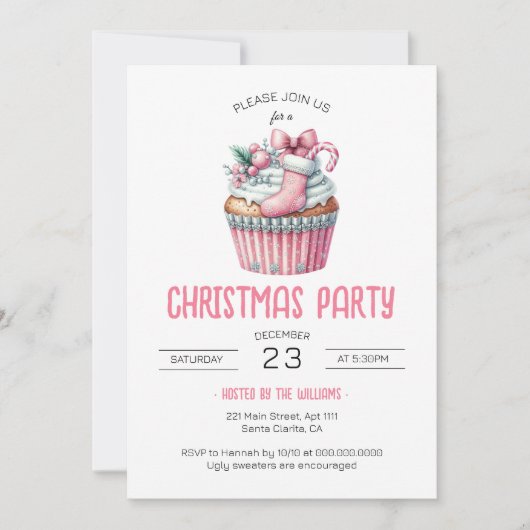 Invitation Soirée de Noël Coquette Pink Cupcake (Devant)