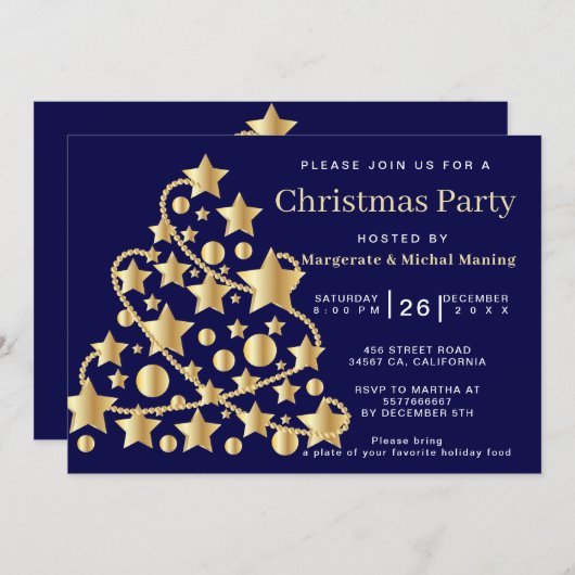 Invitation Soirée de Noël dans l'arbre traditionnel doré (Devant / Derrière)