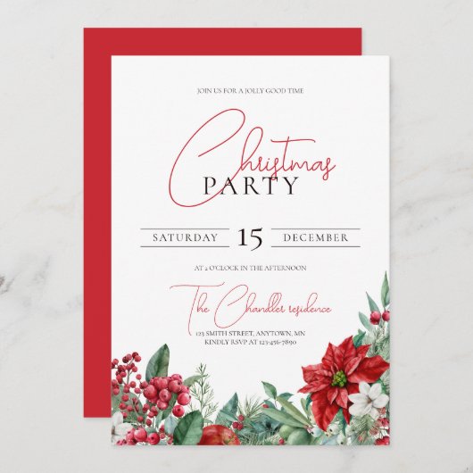 Invitation Soirée de Noël de l'aquarelle de Poinsettia (Devant / Derrière)