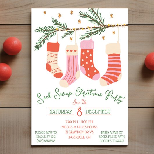 Invitation Soirée de Noël d'échange de chaussettes, Fête de f