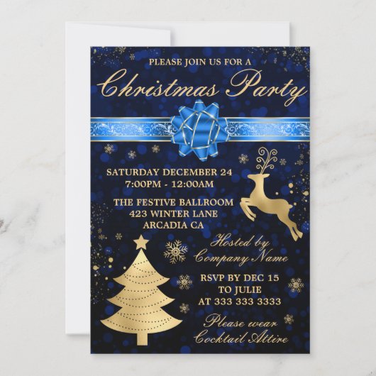 Invitation Soirée de Noël Elegant Blue & Gold Foil (Devant)