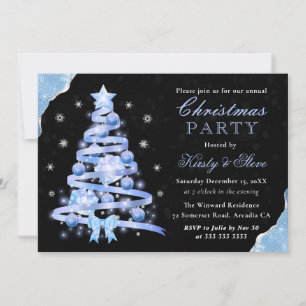 Invitation Soirée de Noël Elegant Blue Ribbon Tree
